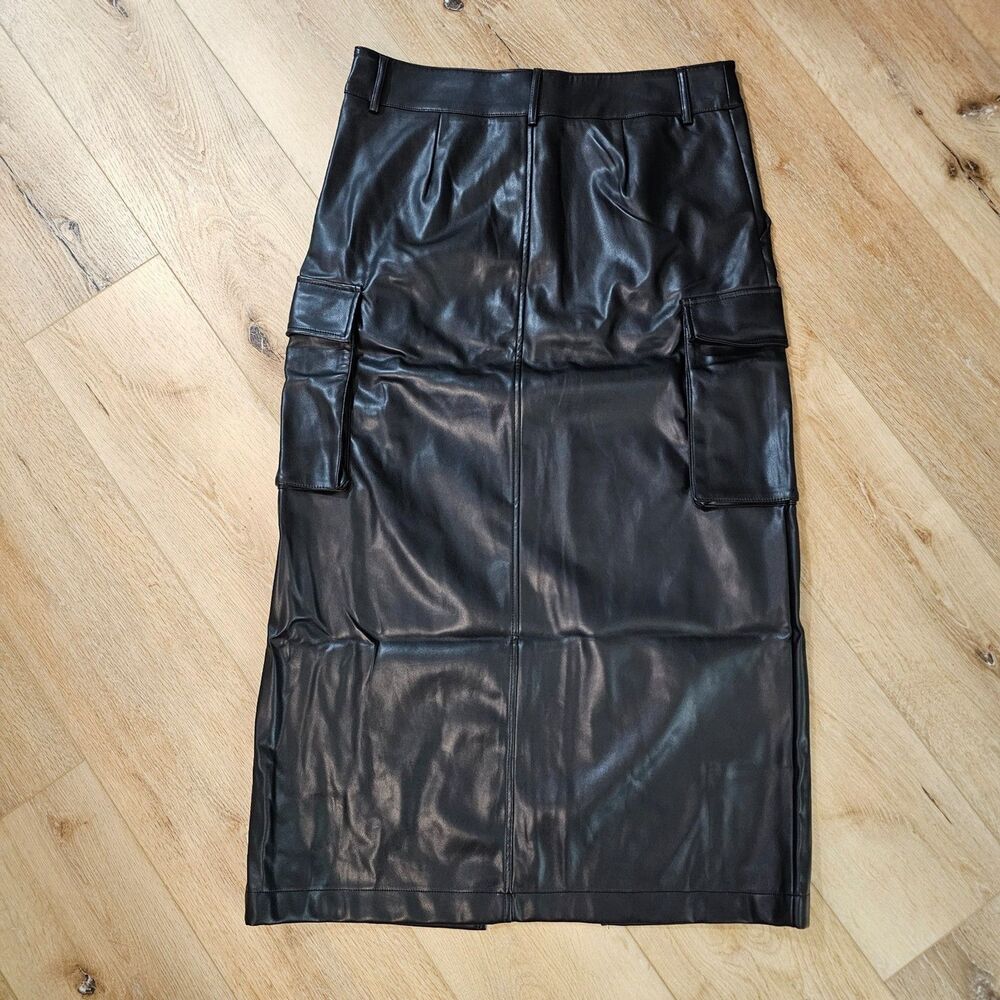 NWT 7 For All Mankind Vegan Leather Black Midi Skirt Lge Vamp Moto Cargo Rocker